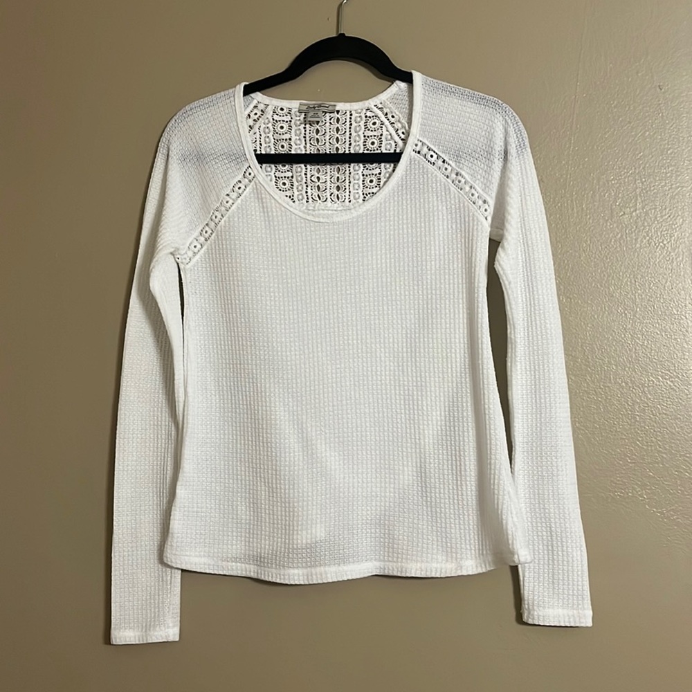 Lucky Brand Off White Knit Waffle Lace Swing Long Sleeves Top Sz XS